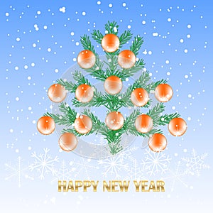 Christmas tree, red ball, snowflax, New Year on blue congratulation card for web, for print art design elements stock photo